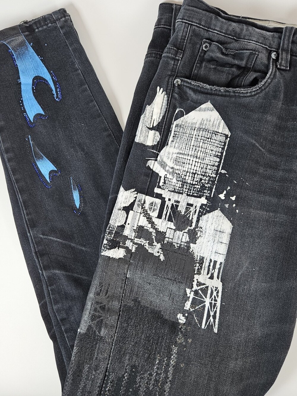 Industrial Indigo Jeans Mens 38x34 Black Flames Graphic Print Distressed City
